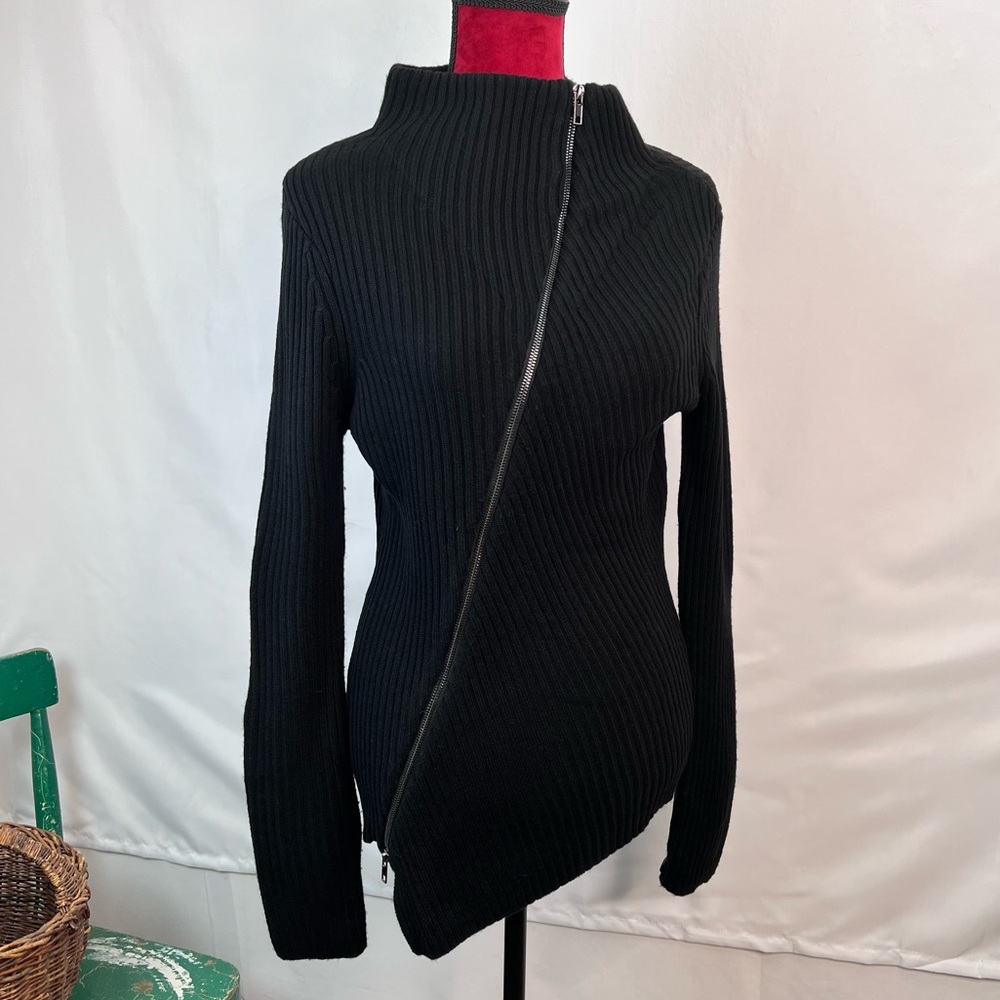 Raffi Black Wool knitted Mock Neck Asymmetrical Full Zip Sweater Size Small